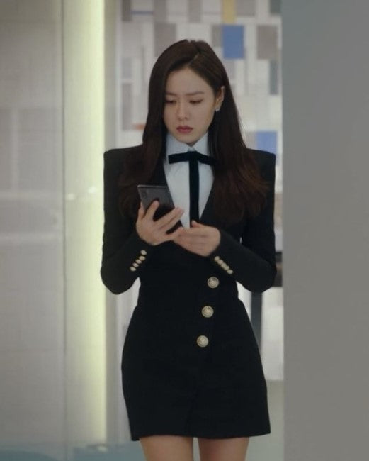 Crash Landing On You Yoon Se Ri Inspired Black Slanted Buttons Suit Dress