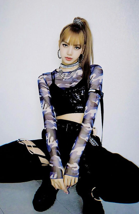 Blackpink Lisa Inspired Blue Camouflage Mesh Cropped Top
