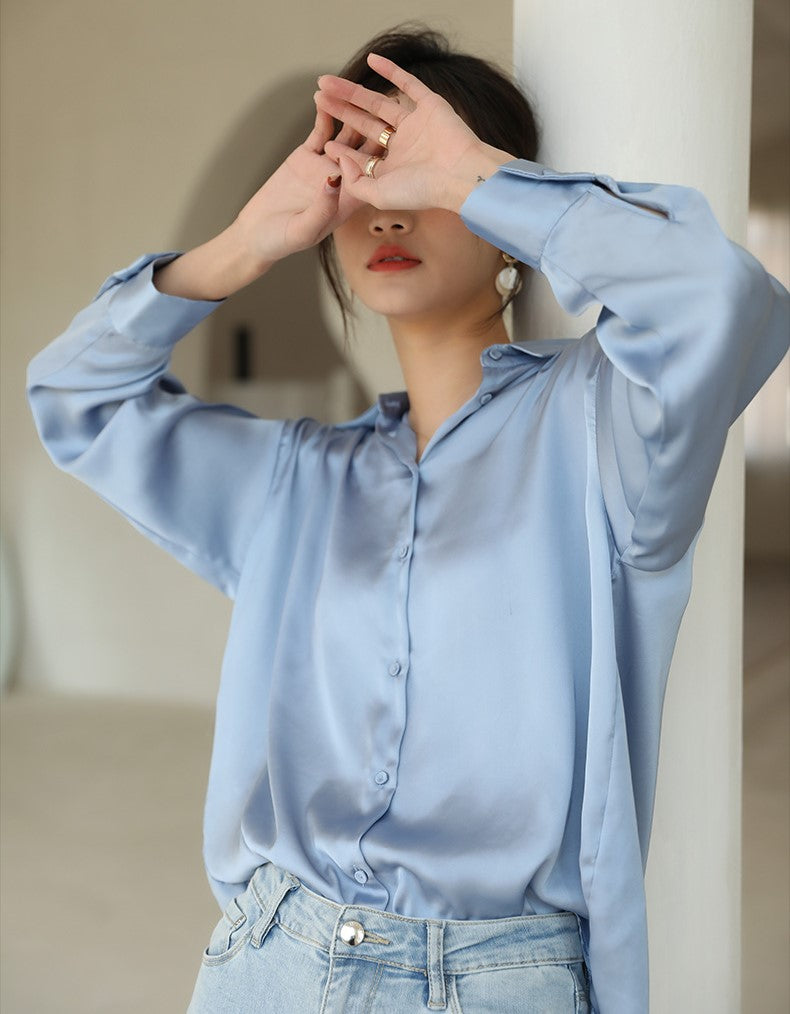 Mamamoo Hwasa Inspired Blue Classic Silk Shirt