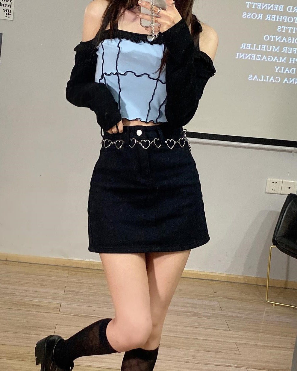 Dreamcatcher Yoohyeon Inspired Blue Stitched Long Sleeves Crop Top
