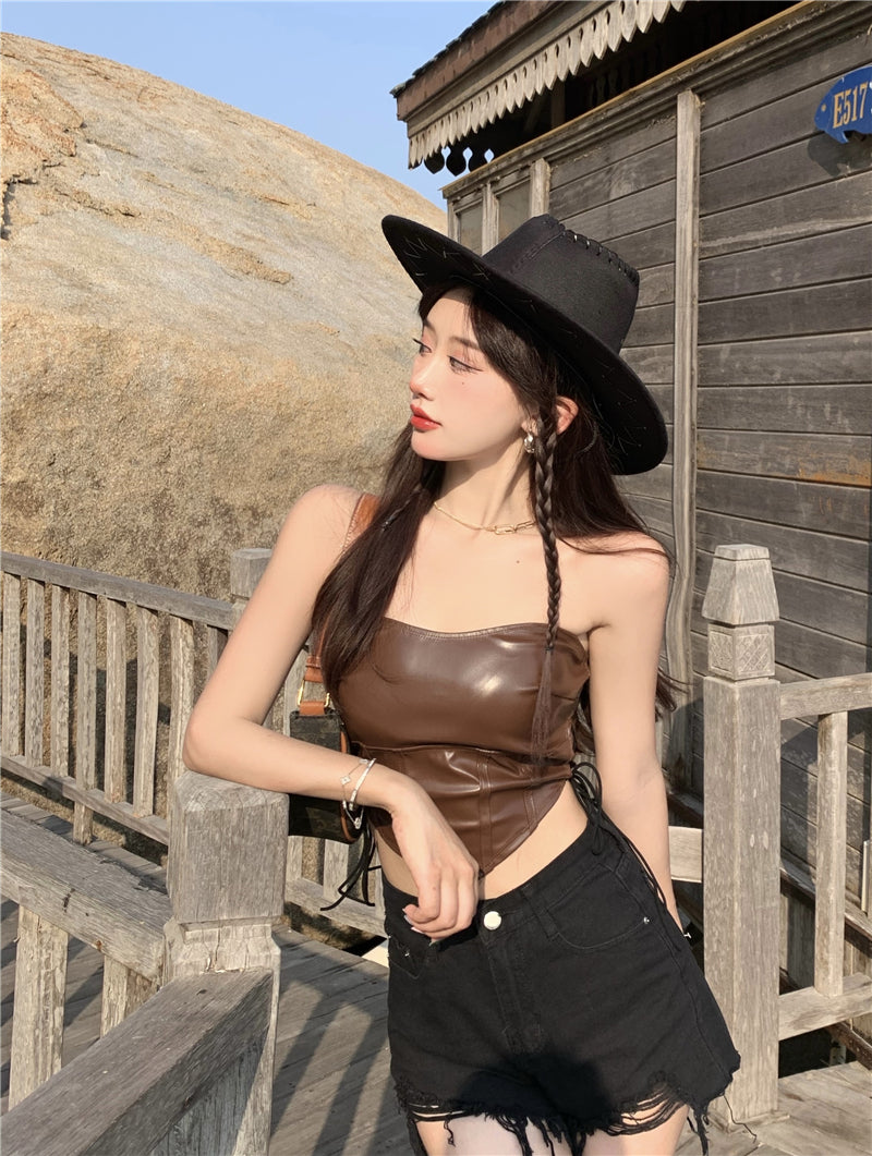 Brown Faux Leather Corset Crop Top