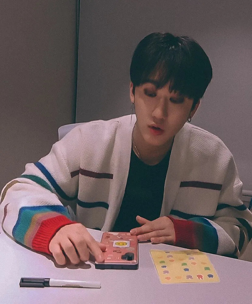Stray Kids Changbin Inspired White Knitted Cardigan With Multicolored Stripe Pattern