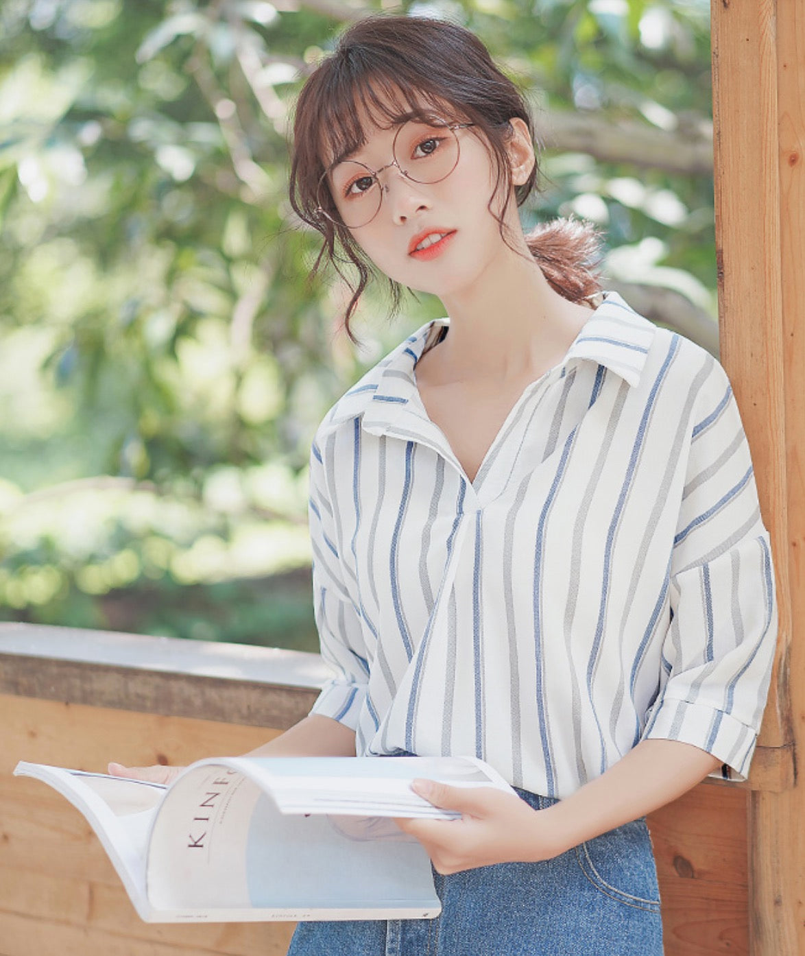 Colored Vertical Stripes Wide Collar Shirt