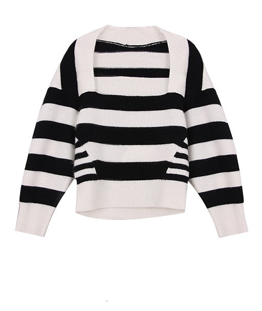 NCT Doyoung Inspired White And Black Square Collar Striped Sweater