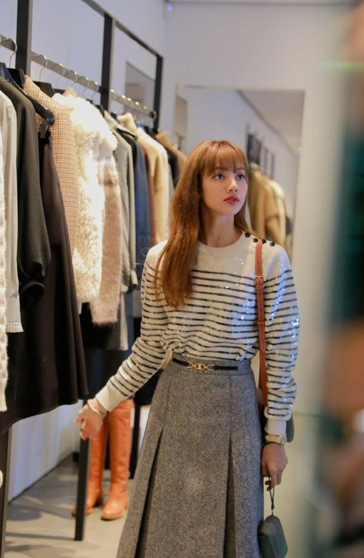 Blackpink Lisa Inspired Striped Sequin Pullover And High Waist Skirt