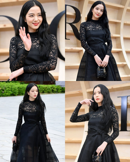 Blackpink Jisoo Inspired Black Collar Long Sleeved Lace Dress