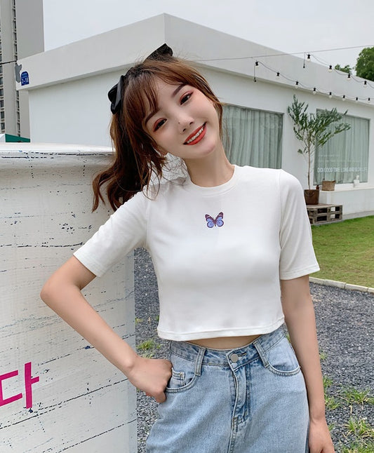 aespa Giselle Inspired White Butterfly Cropped T-Shirt