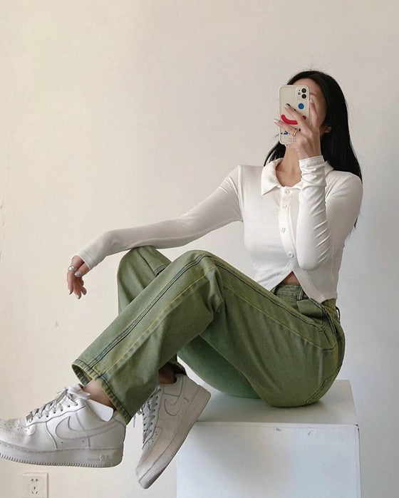 Hometown Cha-Cha-Cha Hong Du Sik Inspired Green Acid Washed Jeans