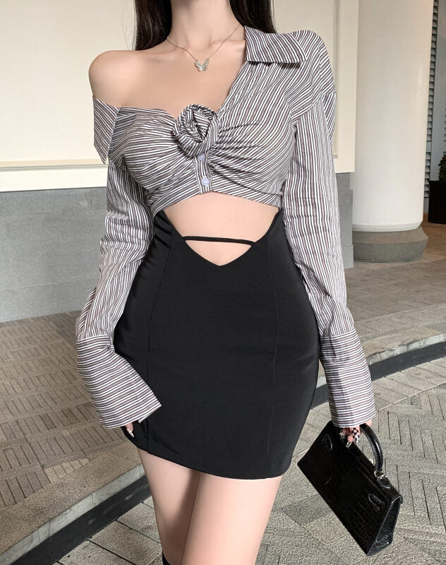 Mamamoo Hwasa Inspired Grey Striped Flower Knotted Crop Length Shirt
