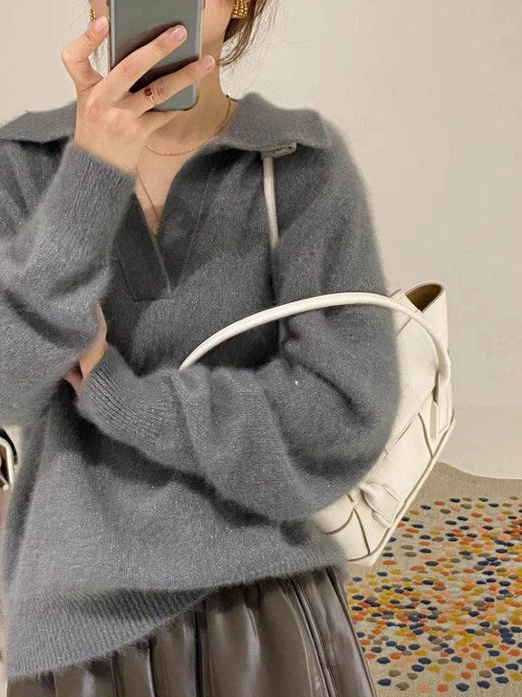 BTS Taehyung Inspired Grey Wide Collar Mink Sweater