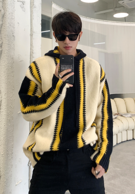 ATEEZ Hongjoong Inspired Beige Colorblock Stripe Patterned Hoodie
