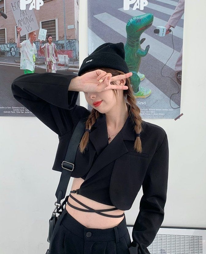 Stray Kids Hyunjin Inspired Black Tie Waist Cropped Suit Jacket