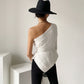 Blackpink Jennie-Insipired White One-Shoulder Knitted Top