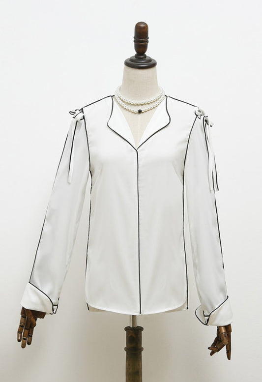 IU Inspired Black Outlined White Silk-Like Shirt