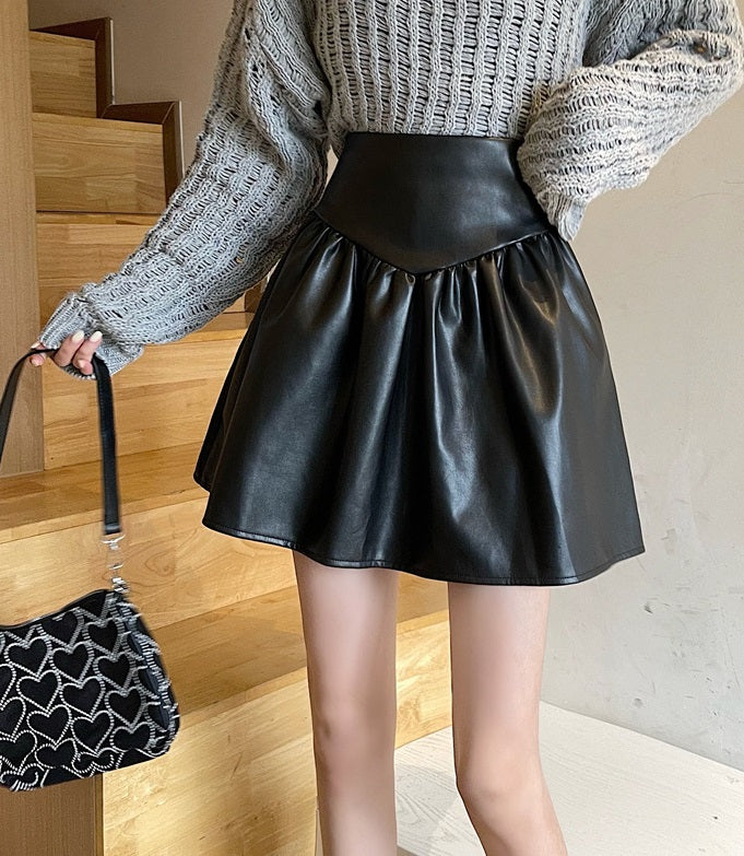 IU Inspired Black Pleated PU Leather Skirt