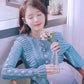 IU Inspired Blue Ruffled Floral Knit Sweater