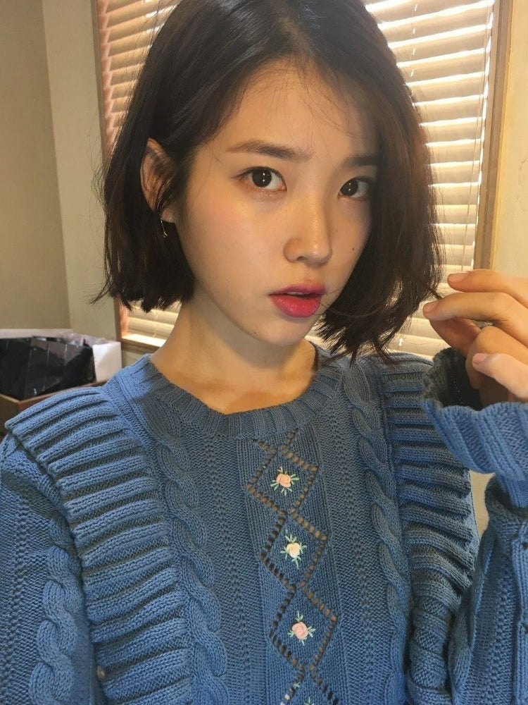 IU Inspired Blue Ruffled Floral Knit Sweater