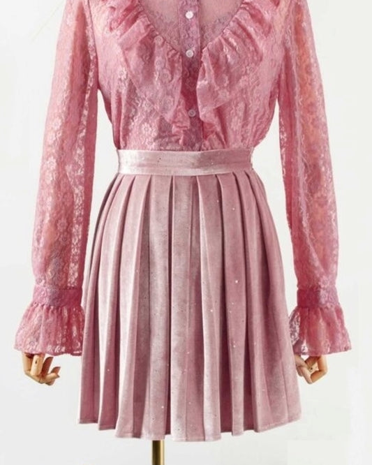 IU Inspired Pink Glittery Velvet Pleated Skirt