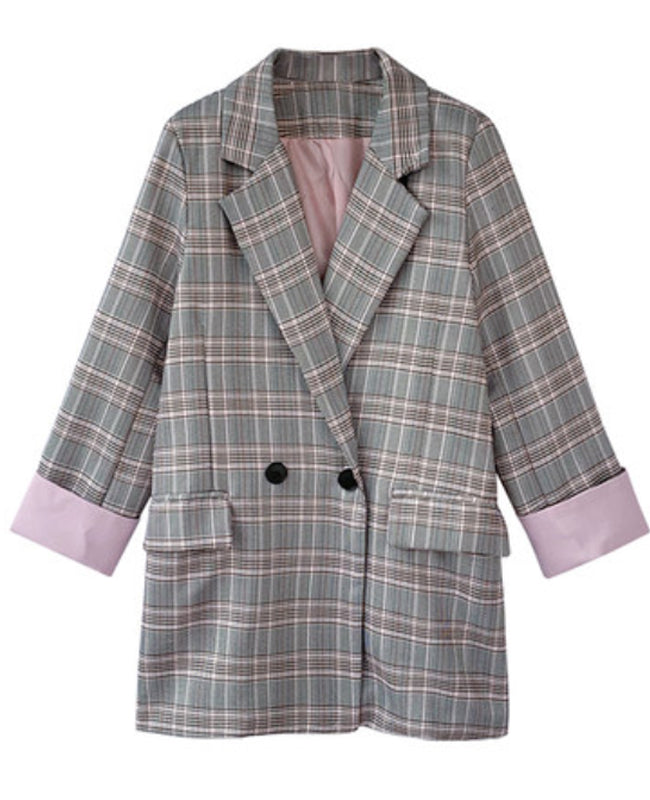 IU Inspired Pink and Grey Checkered Suit Jacket