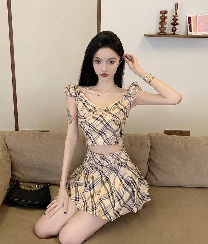 Blackpink Jennie Inspired Retro Plaid Puff Sleeve Top and Skirt
