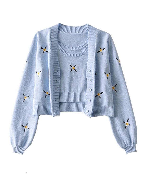 Blackpink Jennie Inspired Blue Knitted Top And Cardigan Set