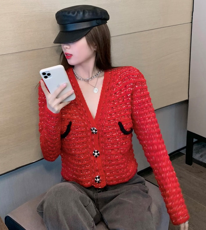 Blackpink Jennie Inspired Red Textured Cardigan