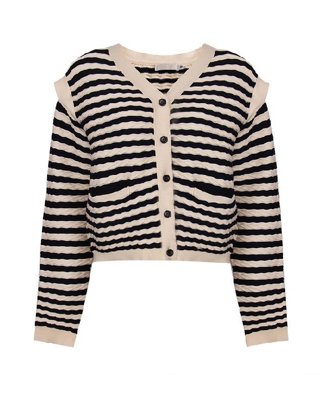 Blackpink Jennie Inspired Beige Wave Stripe Buttoned Cardigan – unnielooks