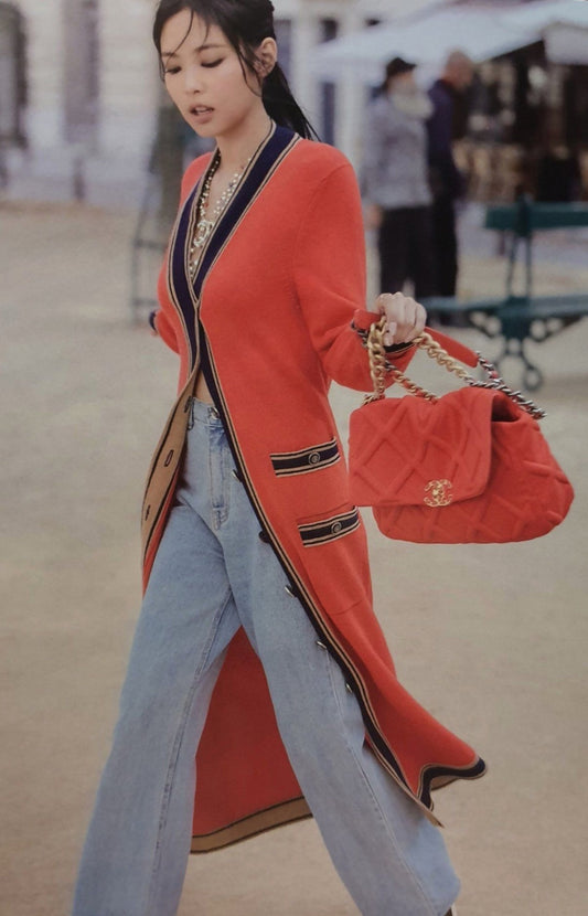 Blackpink Jennie Inspired Red Long Cardigan With Black Tape Edging