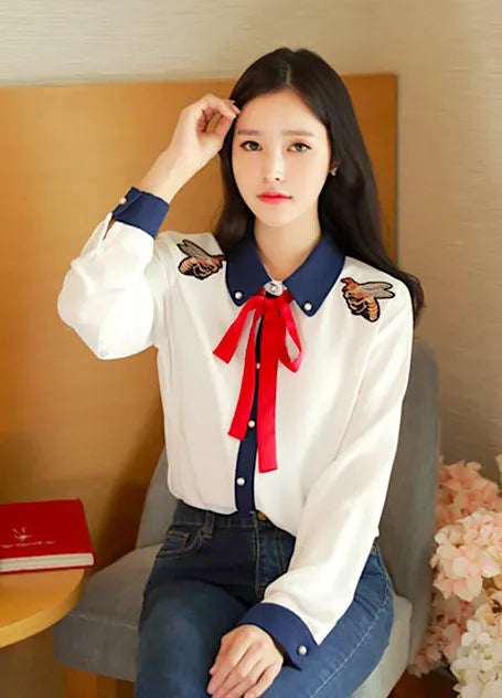 Blackpink Jennie Inspired Twin Bee Embroidered Long Sleeve Shirt
