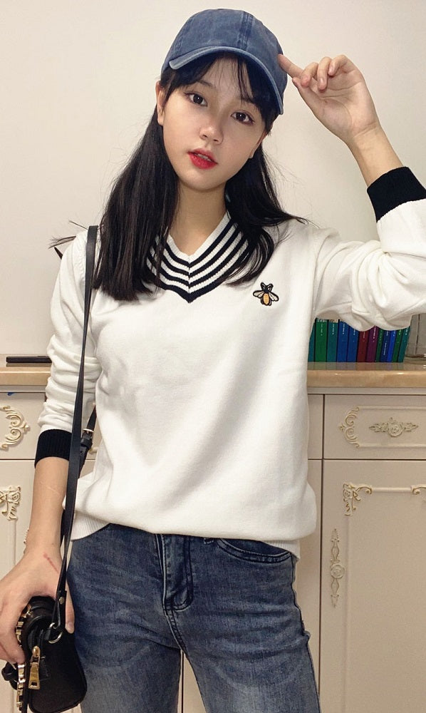 BTS Jin-Inspired White Bee Embroidered Sweater