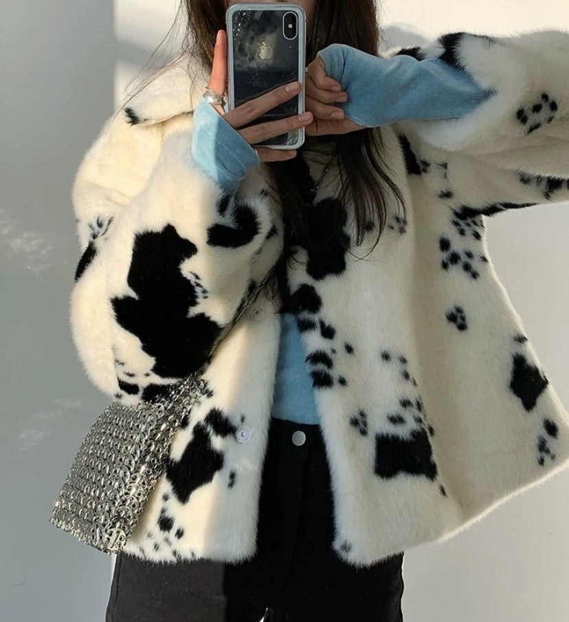 Blackpink Jisoo Inspired White Cow Print Fur Jacket – unnielooks