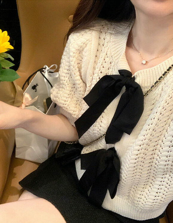 Blackpink Jisoo Inspired White Bow Knitted Top