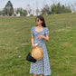 Blackpink Jisoo-Inspired Blue Floral Side Slit Dress