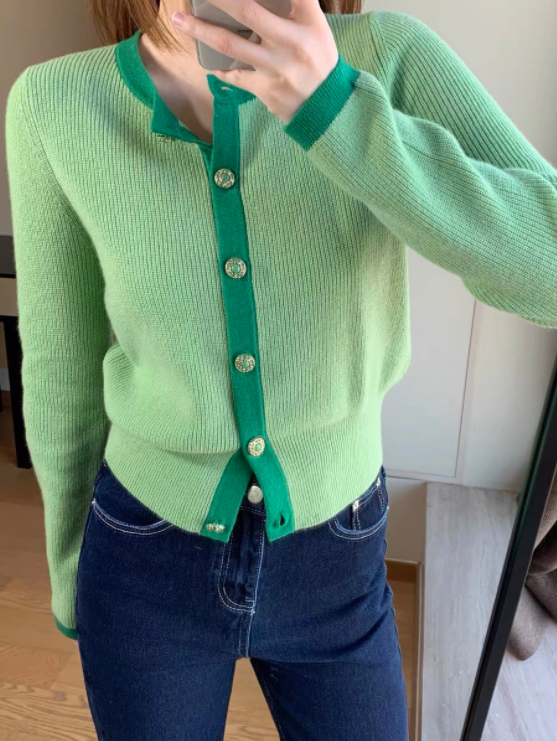 Red Velvet Joy-Inspired Green Long Sleeve Buttoned Cardigan