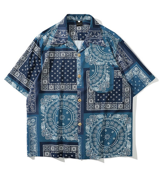 Hometown Cha-Cha-Cha Jun Inspired Blue Boho Bandana Pattern Shirt