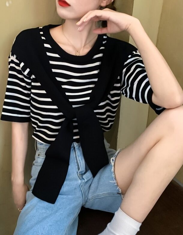 BTS Jungkook-Inspired White And Black Striped T-shirt With Shawl