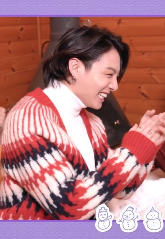 BTS Jungkook-Inspired Red Diamond Pattern Knitted Cardigan