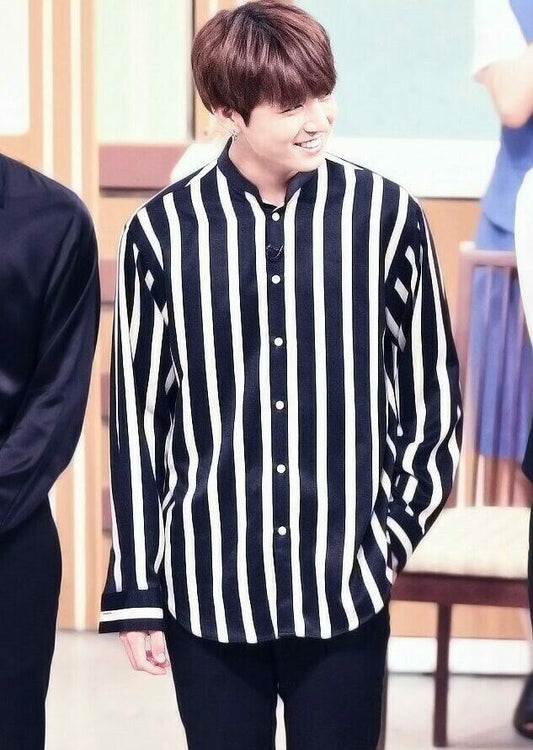 BTS Jungkook-Inspired Striped Button-down Polo with collar