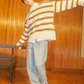 Enhyphen Jungwon Inspired White Round Neck Striped Sweater