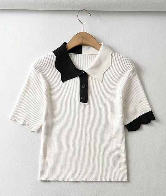 aespa Karina Inspired White Contrast Color Scallop Knitted Polo Shirt