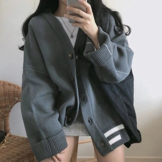Gray Contrast-Trim Oversized Knit Cardigan