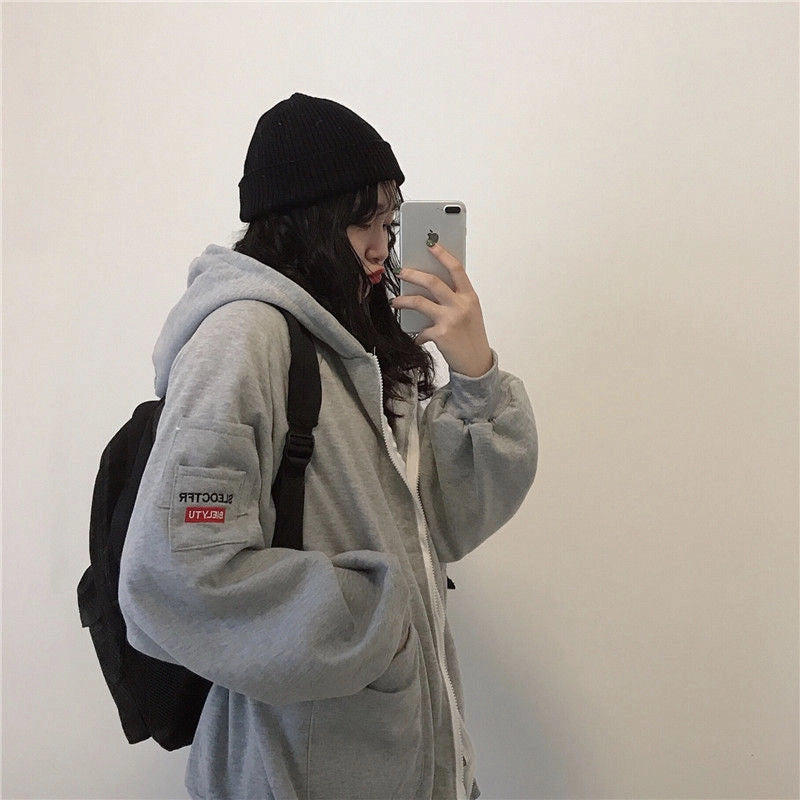 Gray Embroidered Zip Hoodie
