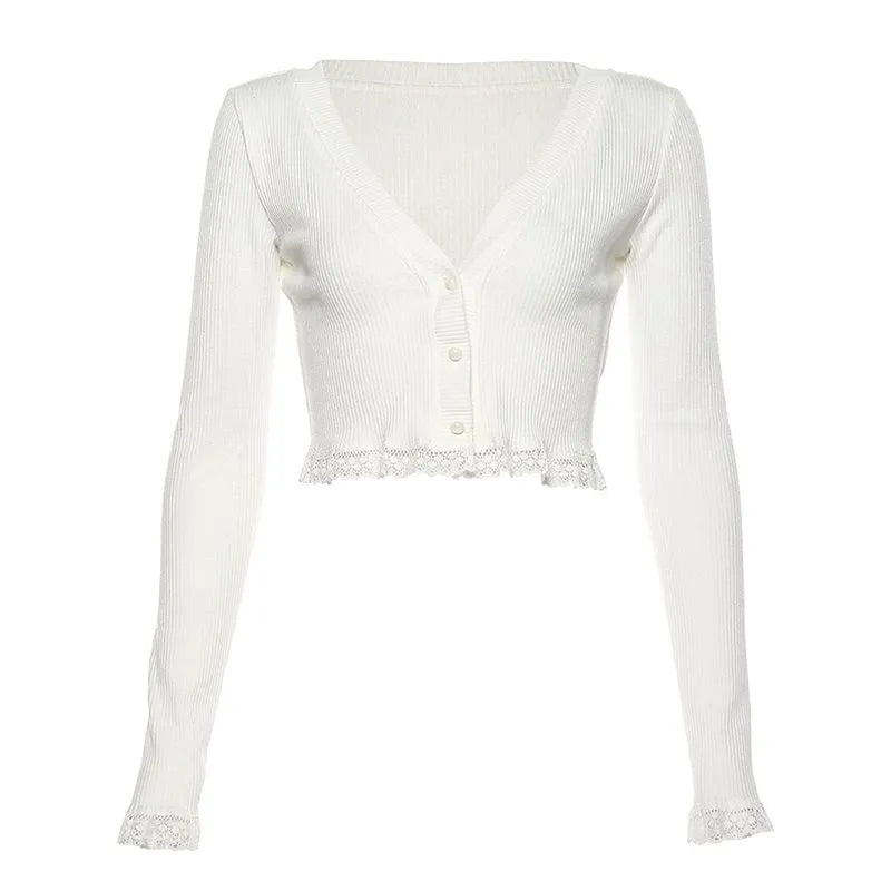 White Lace-Trim Long-Sleeve Ribbed Cropped Cardigan