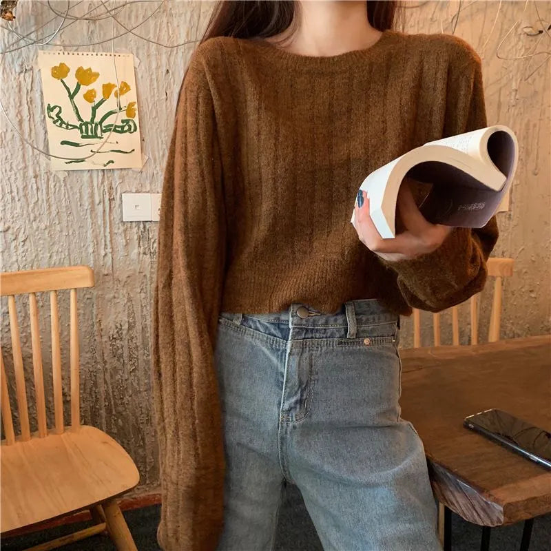 Brown Ribbed Knit Cropped Sweater