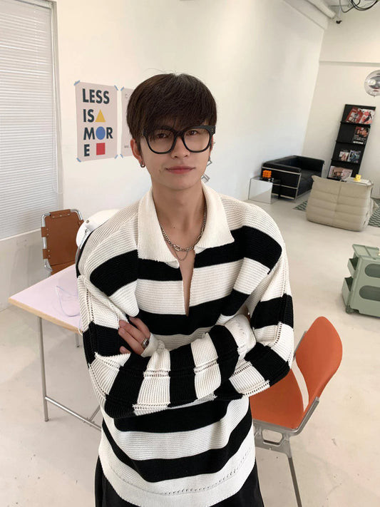 Black Lapel Striped Knitted T-shirt