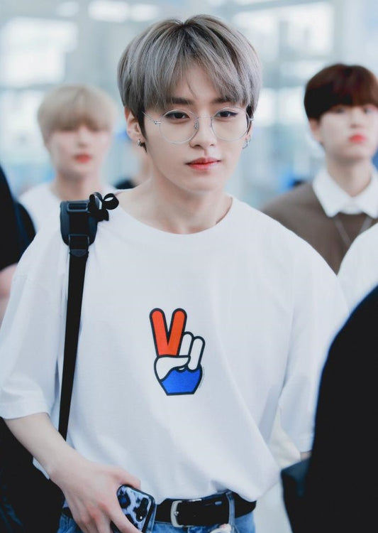 Stray Kids LeeKnow Inspired White Peace Sign Printed T-Shirt