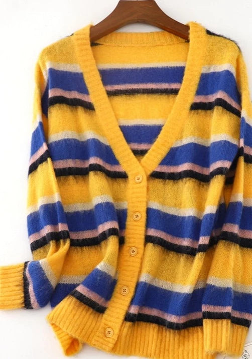 Stray Kids LeeKnow-Inspired Yellow Knit Striped Cardigan