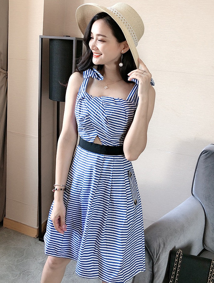 Blackpink Lisa-Inspired Blue Stripe Strap Dress