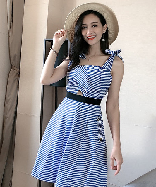 Blackpink Lisa-Inspired Blue Stripe Strap Dress