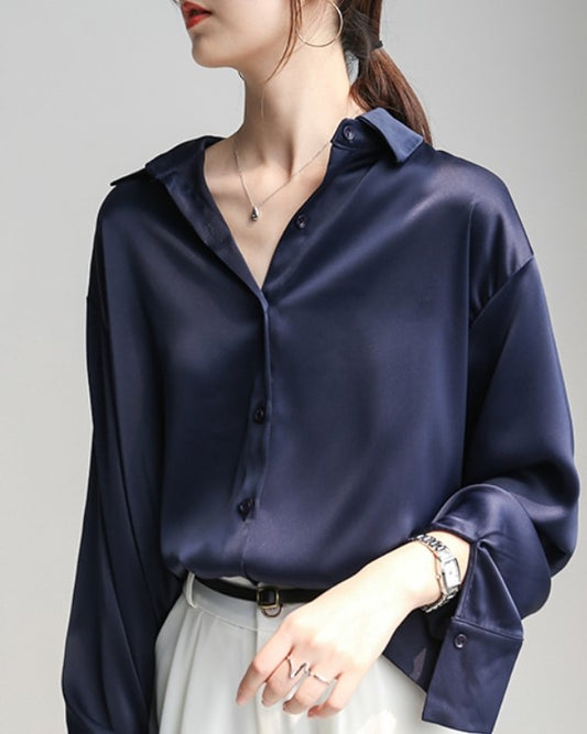 Hometown Cha-Cha-Cha Oh Chun Jae Inspired Midnight Blue Satin Shirt